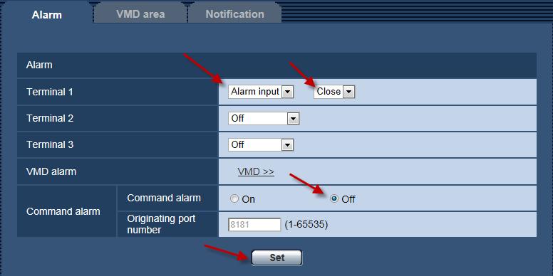Configure Camera Alarm Alarm Tab Alarm Section 53. Set Terminal 1 to Privacy action on alarm - Close (see image) 54.