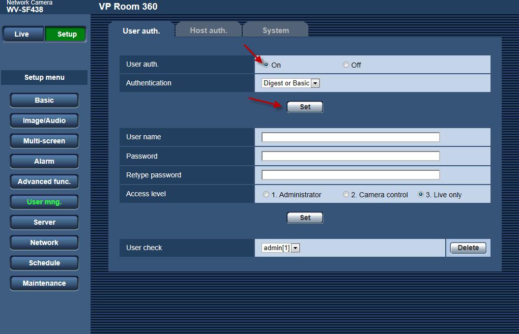 80. User auth Tab 81. User auth On 82. Click the Set button 83.