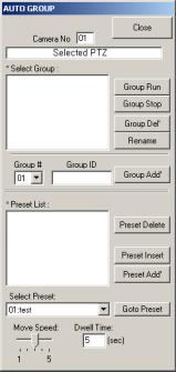 (2) Group : Setup Preset Group. Note : Some PTZ doesn t activate if system doesn t support this feature, please refer PTZ manual or contact your supplier for more details. How to use Auto Group 1.
