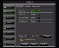 MAIN MENU Record Setup This option allows you to turn recording for each camera on or off, set video quality, adjust the frame rate, set the resolution, enable or disable audio recording, pick a