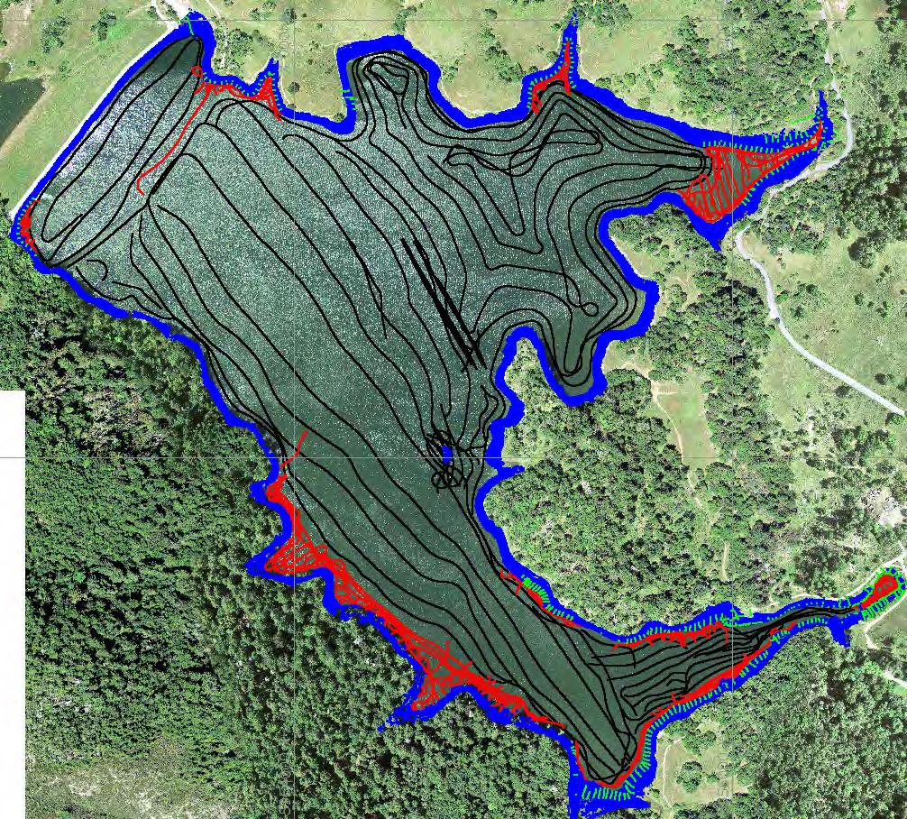 dambm CP 4 Bon Tempe Lake VAFB Mooring Harbor Blue = LiDAR Data Green = RTK-GPS Ground Shots Red = Singlebeam Tracklines Black = Multibeam Tracklines
