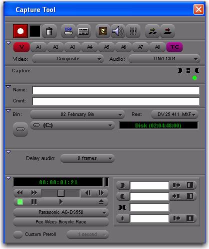 Configuring the Capture Tool To configure the Capture Tool for manual capture: 1 If you are capturing using a firewire-based Avid video peripheral, ensure that the Device setting is set to DNA by