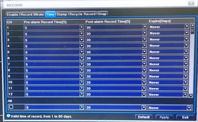 If the set date is overdue, the record files will be deleted automatically. Step2: user can setup all channels with same parameters, tick off all, then to do relevant setup.