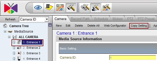 Add or configure cameras via Copy setting A third way is to utilize the Copy Setting function to add device to the NVR. 1. Go to Active Setup -> Camera Setup -> Camera.