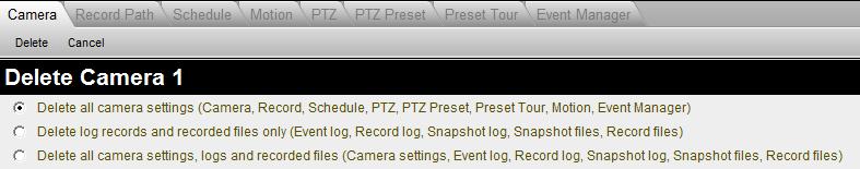 23 Camera Setup - Delete Camera 1. Delete a single Camera/video server: Click this button to remove this device from NVR. 2.