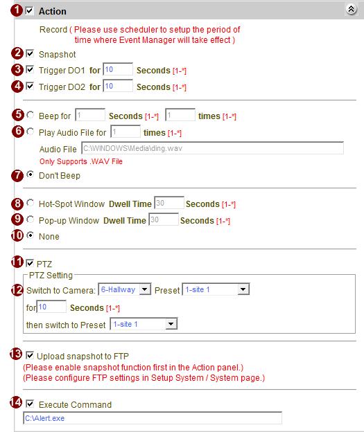 Actions This section lets you select which action to take upon event. Fig. 37 Event Manager Setup Action Tab 1. Action: Check this box to enable the following responses.