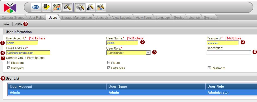 Users Fig. 41 System Setup - Users 1. User Account: Enter the user account for a new user or modify an existing user. This user account will be used for this user to login the NVR system. 2.