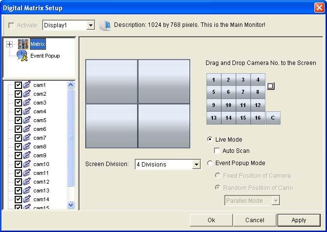 Setting Live View You can set different live views and screen divisions for each monitor. 1. On the main screen, click Configure, click Accessories, and select Digital Matrix Setting.