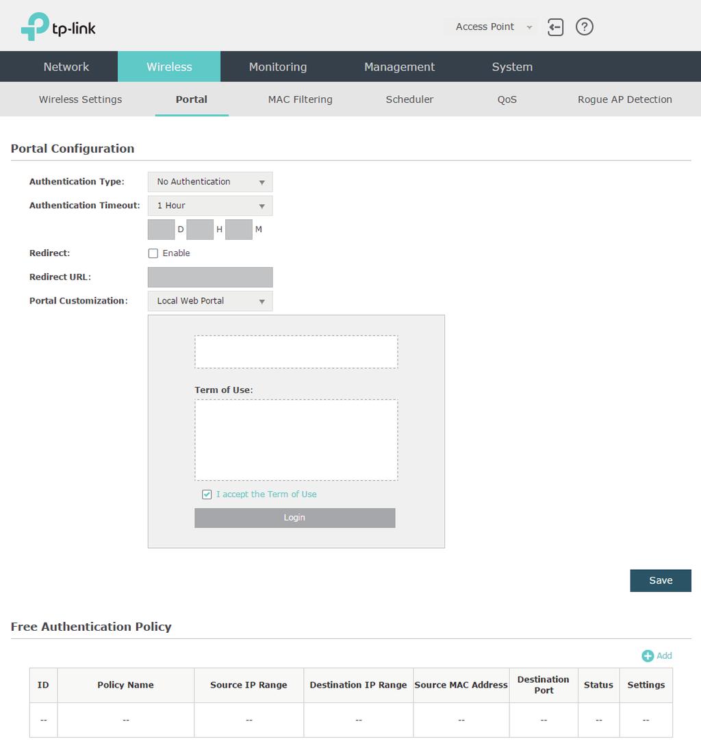 To configure portal authentication, go to the Wireless > Portal page.
