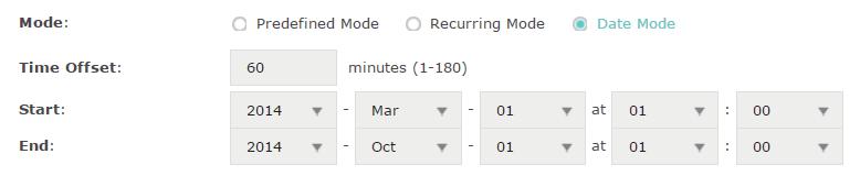 Date Mode If you select Date Mode, manually specify an absolute time range for the daylight saving time of the EAP. This configuration will be used only once.