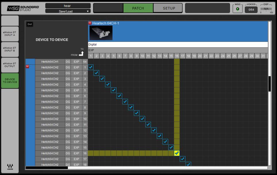 3.5 Routing To route audio to and from the WSG Bridge, using the SoundGrid Studio Software, click on PATCH at the top and then DEVICE TO DEVICE on the left side.