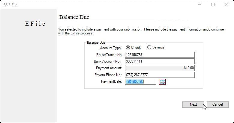 15. On the Balance Due window enter the bank account information from where the payment will be withdrawn. 16. To finalize the process, click Yes on the Transfer Return screen.