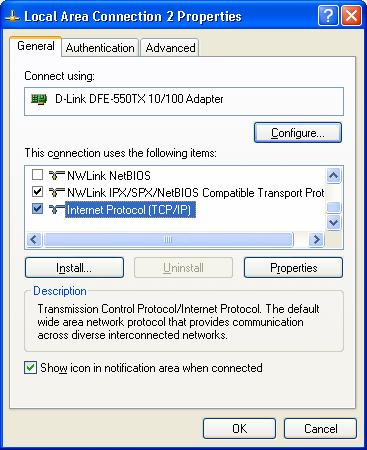 5. In the General tab of the Local Area Connection Properties window, highlight Internet Protocol (TCP/IP) under This connection uses the following items: by clicking on it once.