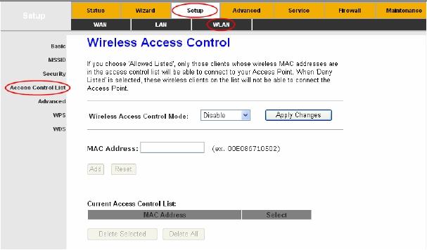 Figure 4-21 Wireless Access Control Mode: Options are Disable, Allow Listed and Deny Listed.