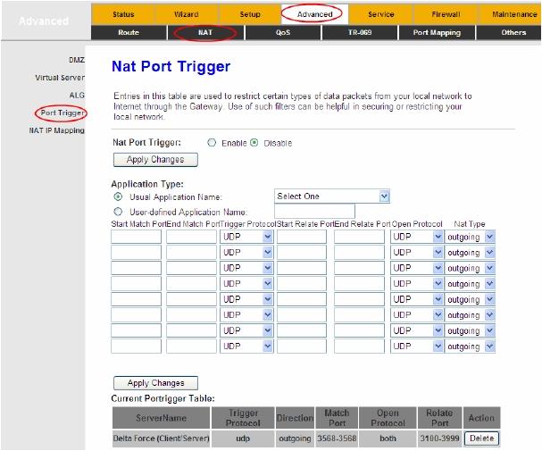 Figure 4-32 Nat Port rigger: Enable or disable the port trigger function on the device. After selecting, click the Apply Changes button to save your configuration.