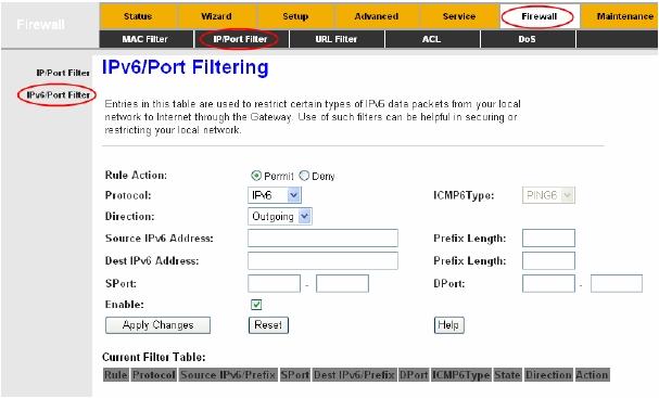 IPLINK Technology Corp. Current Filter table: It shows the current filter rules. You can enable or disable or delete the filter entry.