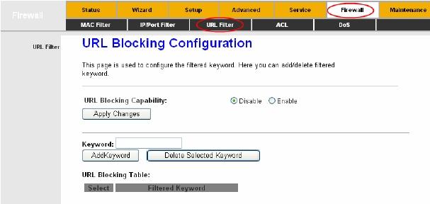 Figure 4-56 URL Blocking Capability: Enable or disable the URL filtering function.