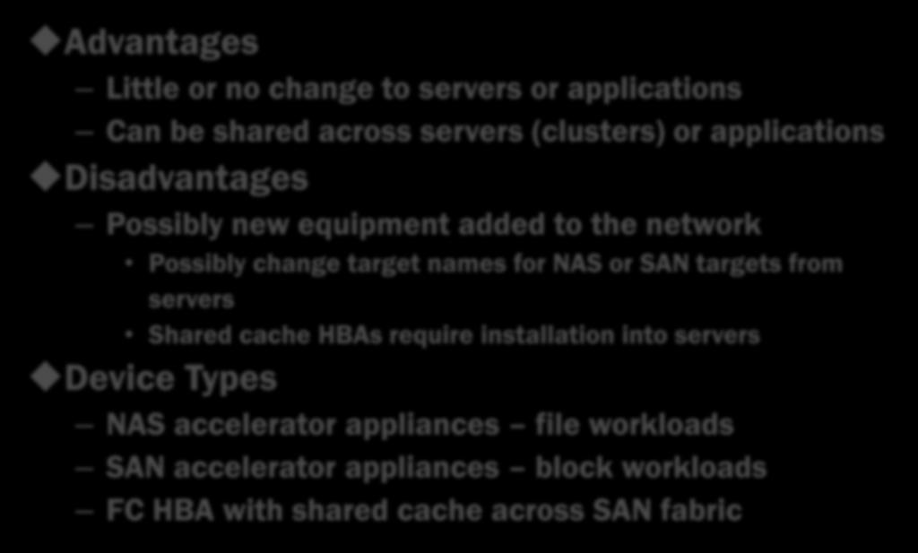 SSD In the Network Advantages Little or no change to servers or applications Can be shared across servers (clusters) or applications Disadvantages Possibly new equipment added to the network Possibly