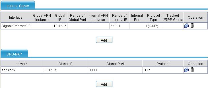 Figure 11 Internal server configuration page Figure 12 Add Internal Server page Table 8 Configuration items Item Interface Protocol Type Global VPN Instance External IP