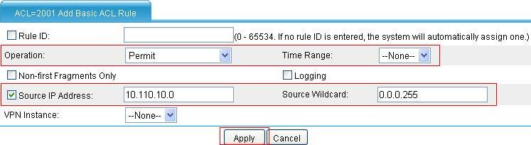 Figure 15 Define ACL 2001 Enter 2001 in ACL Number. Select Config in Match Order. Click Apply.