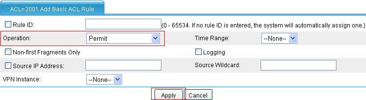 Figure 36 Add ACL 2001 Enter 2001 in the ACL Number field. Select Config as the match order. Click Apply. # Configure an ACL rule. Click the icon of ACL 2001 to enter the ACL rule configuration page.