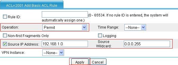 Figure 43 Add ACL 2001 Enter 2001 in the ACL Number field. Select Config as the match order. Click Apply. # Create an ACL rule. Click the icon of ACL 2001 to enter the ACL rule configuration page.