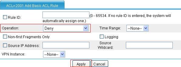 Figure 45 Configure an ACL rule to deny packets Select Deny as the operation. Click Apply. 3. Configure dynamic NAT. # Configure the address pool.