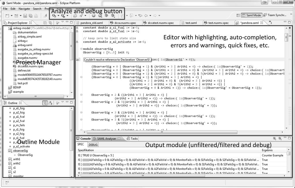 Figure 1. screenshot of the editor intended to have) all features of the full Eclipse IDE, but allows users to try out SAML without having to install any software on their computers.