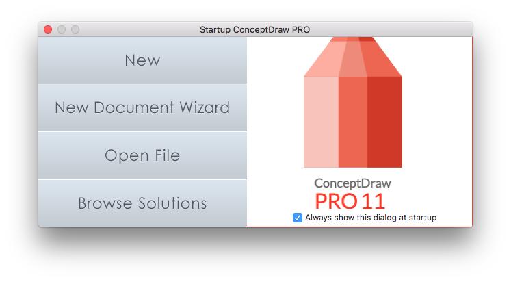 STARTUP DIALOG Startup Dialog appears after ConceptDraw PRO runs and also can be invoked at any time when you are using Conceptdraw PRO.