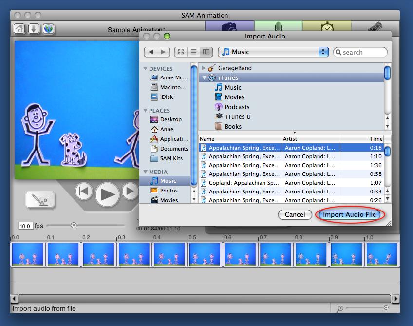 Importing Audio Import Audio Begin by selecting the frame where you want the music to start playing. Click the Import Audio button. Note: File -> Import can be used for videos and photos only.