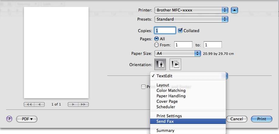 Printing and Faxing c Choose Send Fax from the pop-up