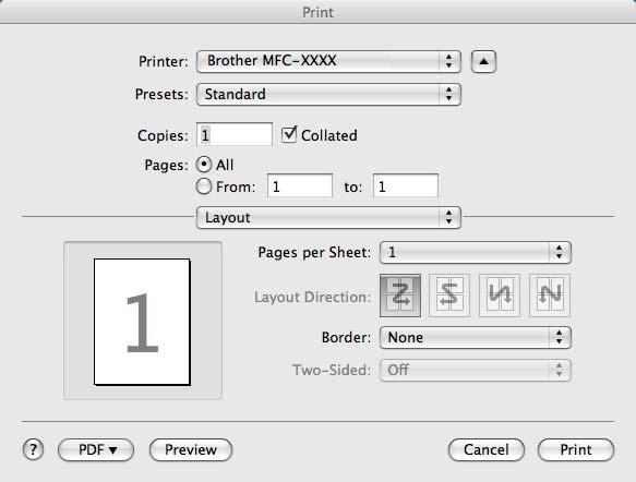ControlCenter2 (Mac OS X 10.4.11) 10 To copy, choose Copies & Pages from the pop-up menu. To fax, choose Send Fax from the pop-up menu. (See Sending a fax (MFC models only) on page 130.) (Mac OS X 10.