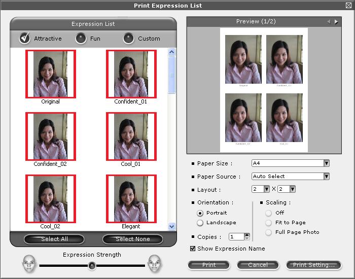 Printing Print Expression List 1 FaceFilter Studio lets you modify a facial expression by applying an expression template or by manual adjustment.