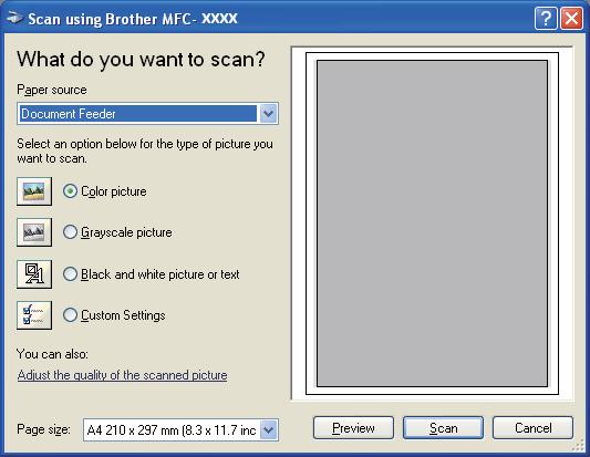 Scanning h Adjust the following settings, if needed, in the Scanner Setup dialog box: 1 2 2 3 4 1 Paper source 2 Picture type 3 Adjust the quality of the scanned picture 4 Page size i Choose Document