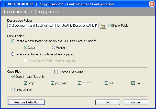 ControlCenter3 Open PCC Folder (PCC: PhotoCapture Center ) 3 The Open PCC Folder button starts Windows Explorer and displays files and folders on the memory card or the USB Flash memory drive.