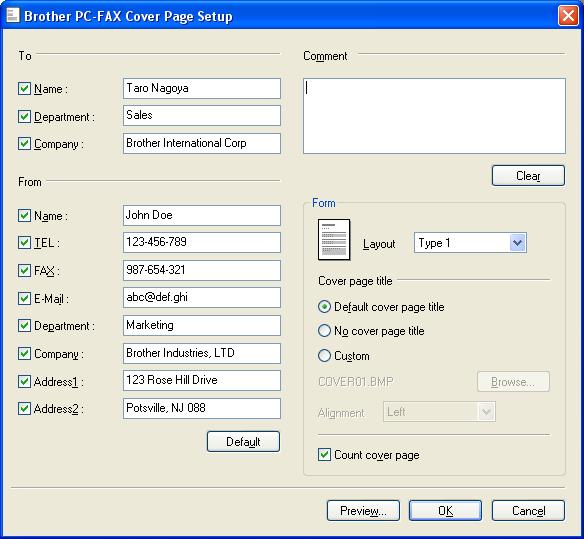 Brother PC-FAX Software (MFC models only) Setting up a cover page 5 From the PC-FAX dialog box, click the icon to access the Brother PC-FAX Cover Page Setup screen.