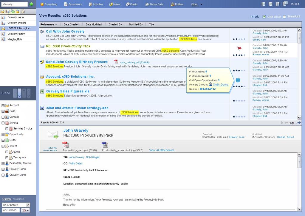 c360 Core Productivity Pack Explorer (CRM Search Engine) c360 Explorer provides near instant search of all CRM data by constantly indexing all CRM records and attachments and leveraging Microsoft