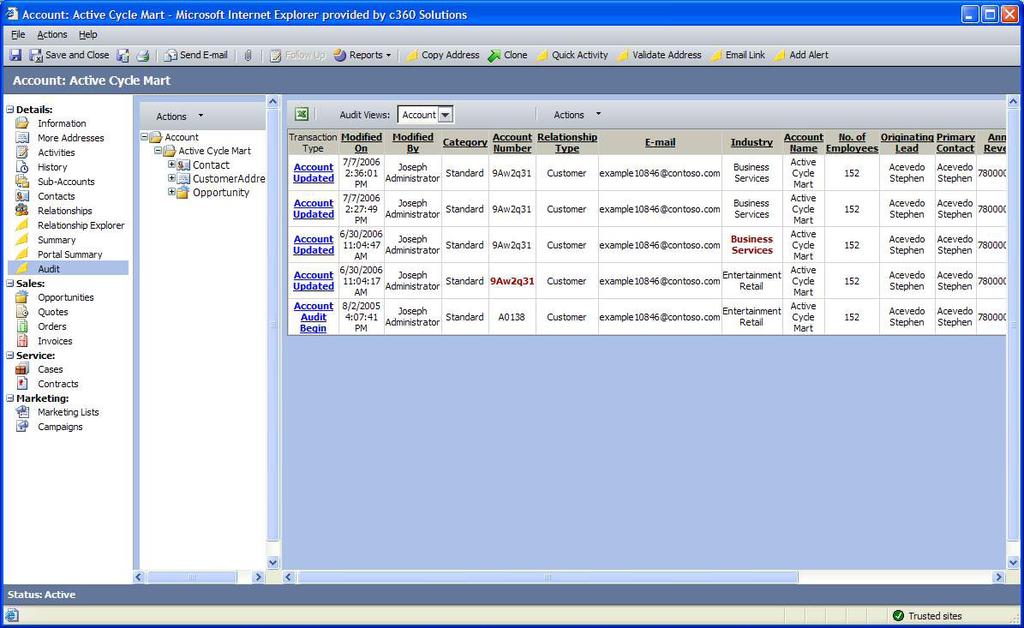c360 Audit Audit TrackeR c360 Audit is a Microsoft CRM enhancement that allows you to track and analyze all changes made to CRM.