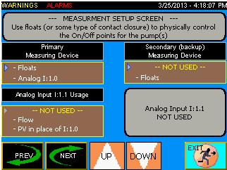 2. Press Next to proceed to the Measuring Setup screen. From the Measuring Setup screen you can: Use the Up/Down buttons to select the primary measuring device.