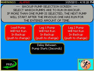 Press the Delay Between Pump Starts (Seconds) to enter the delay before the next one starts when more than one backup pump is enabled.