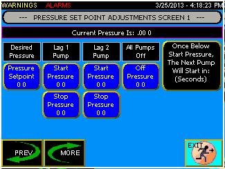 Pressure Setpoints From the first Pressure Setpoints screen you can: Press Pressure Setpoint to enter the desired system pressure.