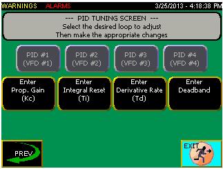 PID Tuning Screen From the PID Tuning screen you can: Select a pump to view or change the PID values for that pump. The number of pumps visible depend on how many are in use. Press Enter Prop.