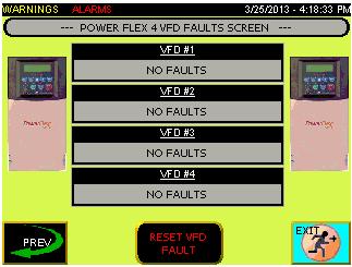 VFD Faults (PowerFlex 4 VFDs only) The VFD Faults screen shows faults for each PowerFlex 4 VFD in use (in this example four VFDs are in use).