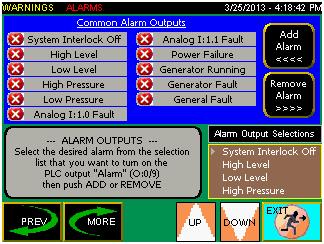 Alarm Output Configuration From the Alarm Output Configuration screen you can: Press UP/DOWN to select a process-specific alarm from the list Press Add Alarm or Remove Alarm to enable or