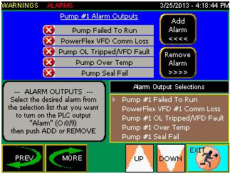 If the alarm is not enabled, even though it becomes active, it will not turn the PLC output on. Press MORE to add pump-specific alarms from the Pump # Alarm Output Configuration screen(s).