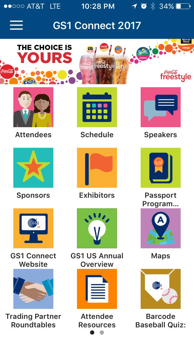 GS1 Connect 2017 Mobile App The 2017 mobile app features the following icons to help make the most of your mobile conference experience: Attendees Schedule Speakers Sponsors Exhibitors Click Passport