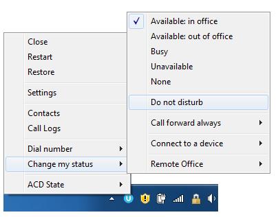 Right clicking the Unity icon in the system tray allows the user to dial or redial, configure settings such as CommPilot Express Profiles, DND, Call Forward Always or Remote Office, or change their
