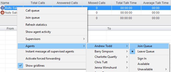 Hovering over the agent in turn will present the supervisor options to Join/Leave the agent from the queue and change their ACD State. 6.