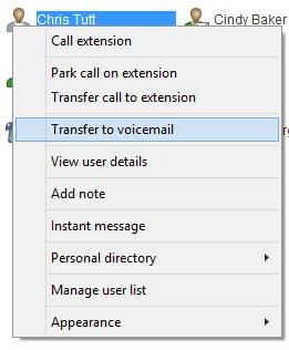 2 Using Drag and Drop If configured, Unity will display Transfer to voicemail in the list when an active call is dragged onto the destination user icon in the Contacts panel.