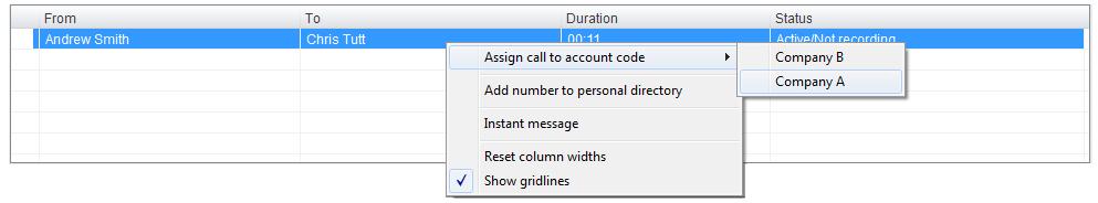 Unity will display a notification to indicate that the call was successfully assigned to the account code 9 DRAG